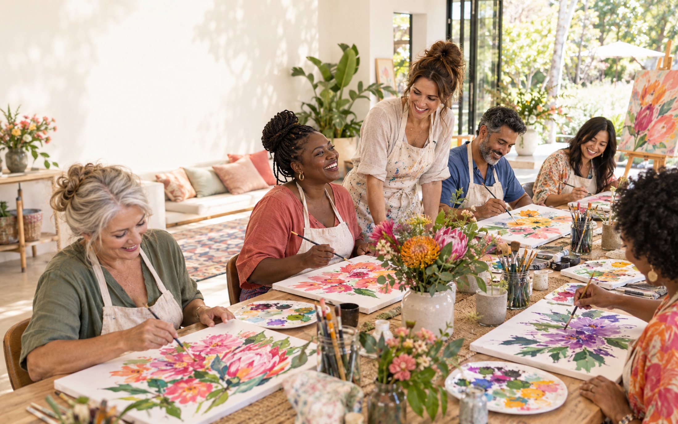 Friends enjoying a colourful floral acrylic painting workshop